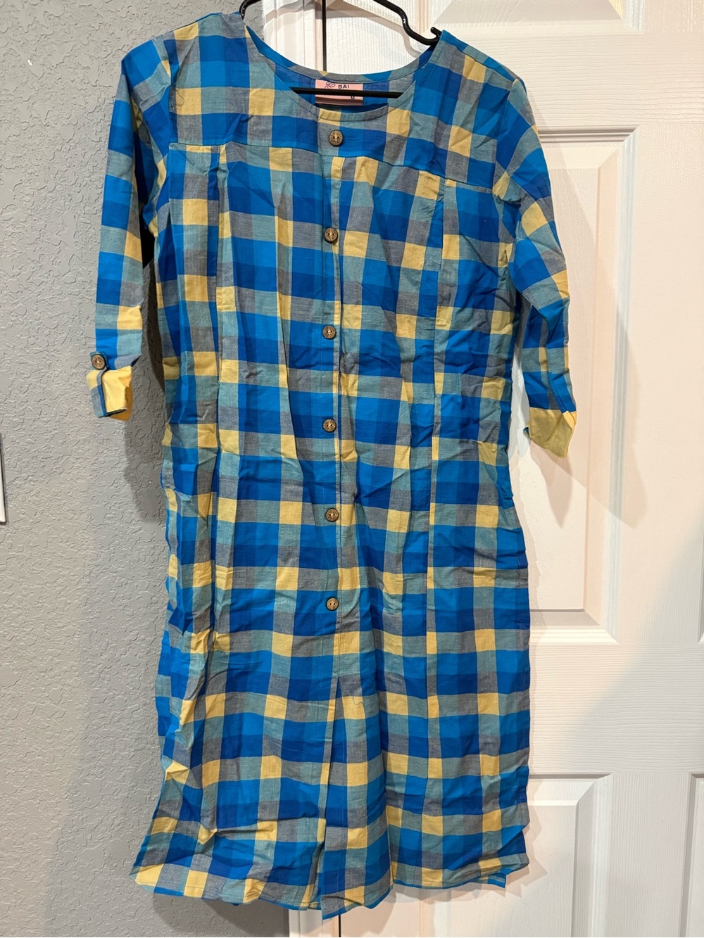 Women's Blue and Yellow Plaid Button-Front Dress Size Medium
